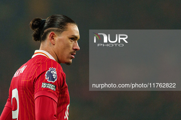 Darwin Nunez participates in the Premier League match between Liverpool and Aston Villa at Anfield in Liverpool, England, on November 9, 202...