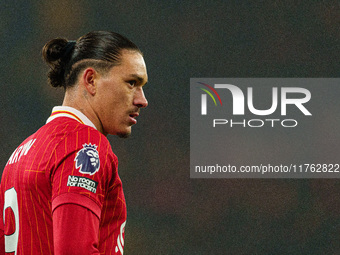 Darwin Nunez participates in the Premier League match between Liverpool and Aston Villa at Anfield in Liverpool, England, on November 9, 202...