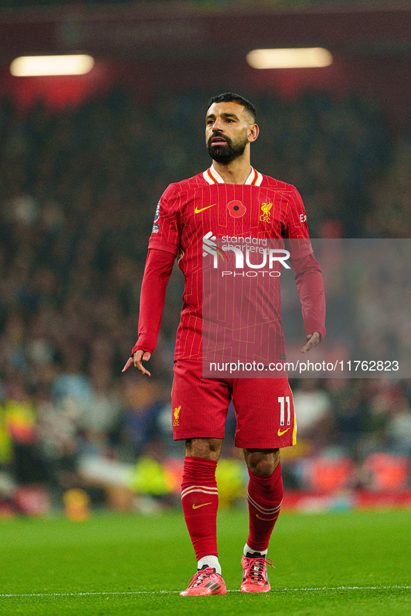 Mohamed Salah of Liverpool plays during the Premier League match between Liverpool and Aston Villa at Anfield in Liverpool, England, on Nove...