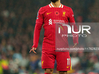 Mohamed Salah of Liverpool plays during the Premier League match between Liverpool and Aston Villa at Anfield in Liverpool, England, on Nove...