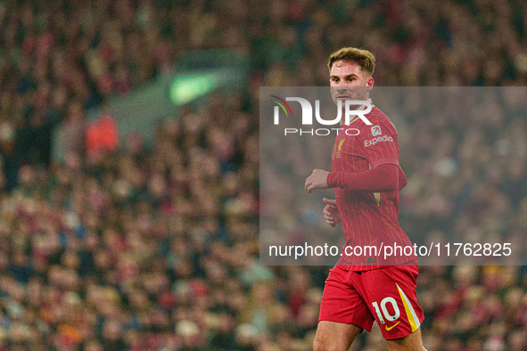 Alexis Mac Allister of Liverpool plays during the Premier League match between Liverpool and Aston Villa at Anfield in Liverpool, England, o...