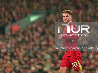 Alexis Mac Allister of Liverpool plays during the Premier League match between Liverpool and Aston Villa at Anfield in Liverpool, England, o...