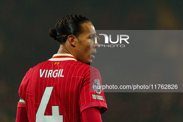 Liverpool's Virgil van Dijk participates in the Premier League match between Liverpool and Aston Villa at Anfield in Liverpool, England, on...