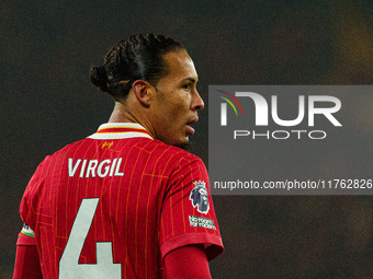 Liverpool's Virgil van Dijk participates in the Premier League match between Liverpool and Aston Villa at Anfield in Liverpool, England, on...