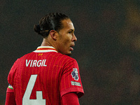 Liverpool's Virgil van Dijk participates in the Premier League match between Liverpool and Aston Villa at Anfield in Liverpool, England, on...