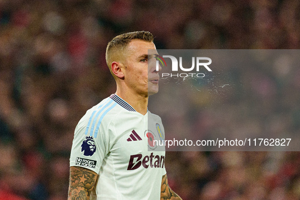 Lucas Digne of Aston Villa plays during the Premier League match between Liverpool and Aston Villa at Anfield in Liverpool, England, on Nove...