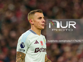 Lucas Digne of Aston Villa plays during the Premier League match between Liverpool and Aston Villa at Anfield in Liverpool, England, on Nove...