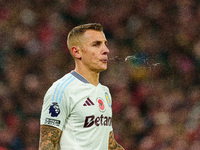 Lucas Digne of Aston Villa plays during the Premier League match between Liverpool and Aston Villa at Anfield in Liverpool, England, on Nove...