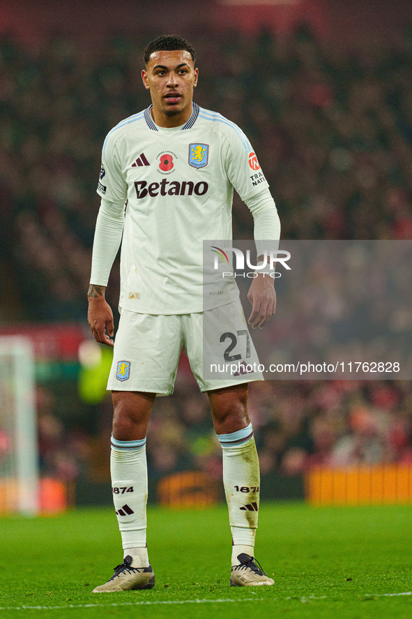 Morgan Rogers of Aston Villa plays during the Premier League match between Liverpool and Aston Villa at Anfield in Liverpool, England, on No...