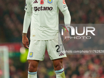 Morgan Rogers of Aston Villa plays during the Premier League match between Liverpool and Aston Villa at Anfield in Liverpool, England, on No...