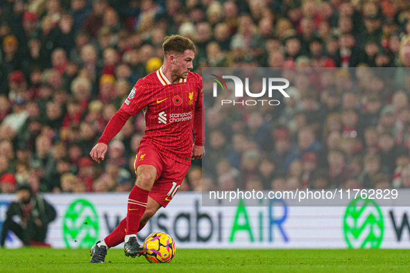 Alexis Mac Allister of Liverpool plays during the Premier League match between Liverpool and Aston Villa at Anfield in Liverpool, England, o...