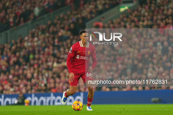 Trent Alexander-Arnold plays during the Premier League match between Liverpool and Aston Villa at Anfield in Liverpool, England, on November...