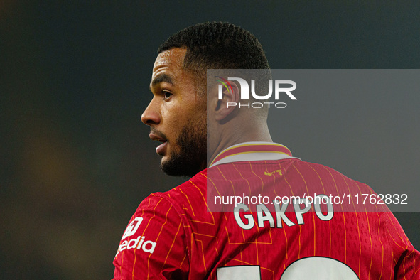 Cody Gakpo plays during the Premier League match between Liverpool and Aston Villa at Anfield in Liverpool, England, on November 9, 2024. 