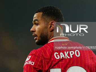 Cody Gakpo plays during the Premier League match between Liverpool and Aston Villa at Anfield in Liverpool, England, on November 9, 2024. (