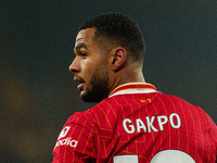 Cody Gakpo plays during the Premier League match between Liverpool and Aston Villa at Anfield in Liverpool, England, on November 9, 2024. (