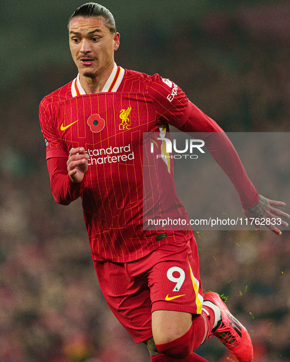 Darwin Nunez participates in the Premier League match between Liverpool and Aston Villa at Anfield in Liverpool, England, on November 9, 202...