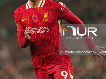 Darwin Nunez participates in the Premier League match between Liverpool and Aston Villa at Anfield in Liverpool, England, on November 9, 202...