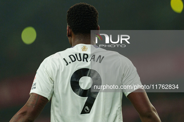 Aston Villa's Jhon Duran plays during the Premier League match between Liverpool and Aston Villa at Anfield in Liverpool, England, on Novemb...