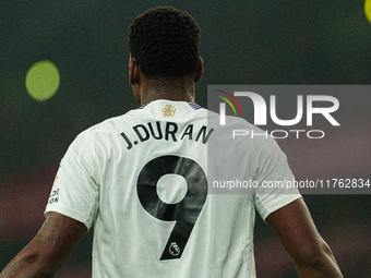 Aston Villa's Jhon Duran plays during the Premier League match between Liverpool and Aston Villa at Anfield in Liverpool, England, on Novemb...