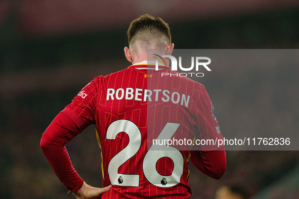 Andrew Robertson of Liverpool plays during the Premier League match between Liverpool and Aston Villa at Anfield in Liverpool, England, on N...