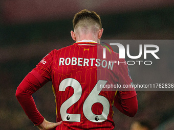 Andrew Robertson of Liverpool plays during the Premier League match between Liverpool and Aston Villa at Anfield in Liverpool, England, on N...