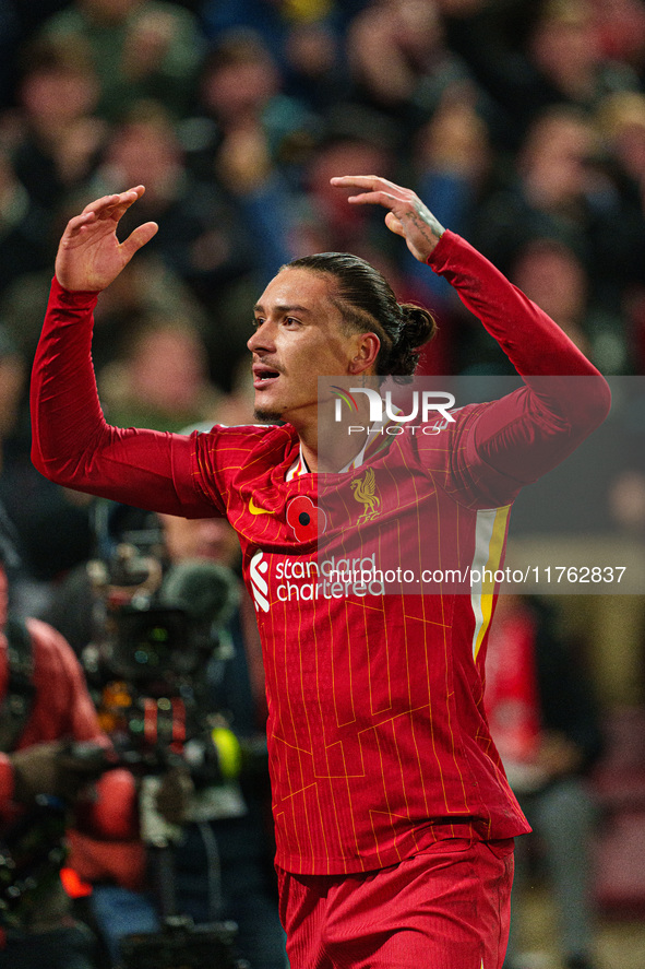 Darwin Nunez of Liverpool celebrates after scoring their first goal during the Premier League match between Liverpool and Aston Villa at Anf...