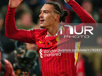 Darwin Nunez of Liverpool celebrates after scoring their first goal during the Premier League match between Liverpool and Aston Villa at Anf...