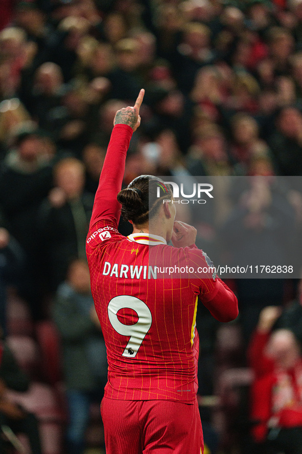 Darwin Nunez of Liverpool celebrates after scoring their first goal during the Premier League match between Liverpool and Aston Villa at Anf...