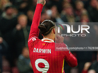 Darwin Nunez of Liverpool celebrates after scoring their first goal during the Premier League match between Liverpool and Aston Villa at Anf...