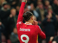 Darwin Nunez of Liverpool celebrates after scoring their first goal during the Premier League match between Liverpool and Aston Villa at Anf...