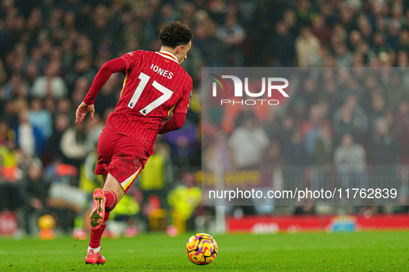 Liverpool's Curtis Jones is in action during the Premier League match between Liverpool and Aston Villa at Anfield in Liverpool, England, on...