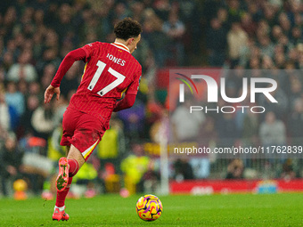 Liverpool's Curtis Jones is in action during the Premier League match between Liverpool and Aston Villa at Anfield in Liverpool, England, on...