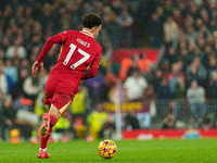 Liverpool's Curtis Jones is in action during the Premier League match between Liverpool and Aston Villa at Anfield in Liverpool, England, on...