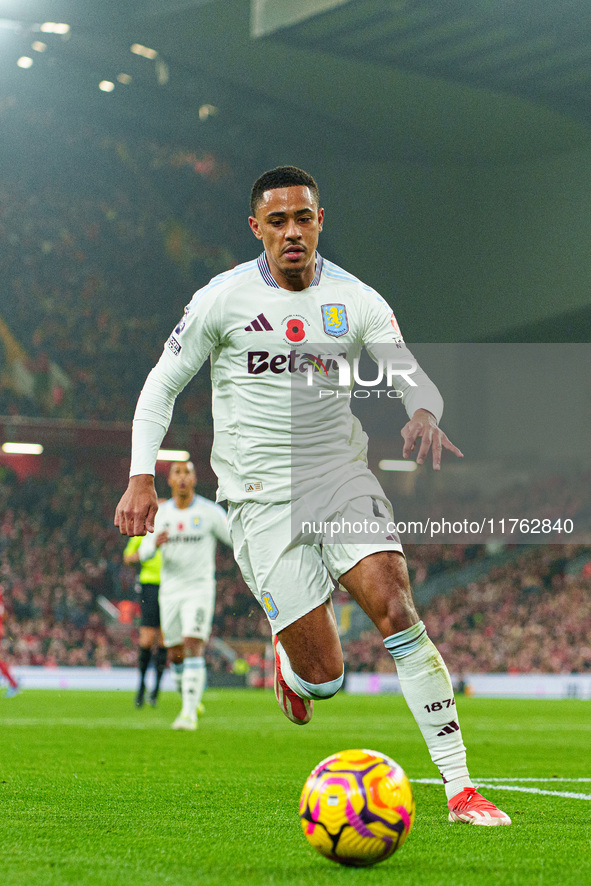 Aston Villa's Jacob Ramsey is in action during the Premier League match between Liverpool and Aston Villa at Anfield in Liverpool, England,...