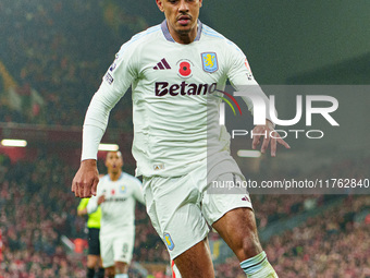 Aston Villa's Jacob Ramsey is in action during the Premier League match between Liverpool and Aston Villa at Anfield in Liverpool, England,...