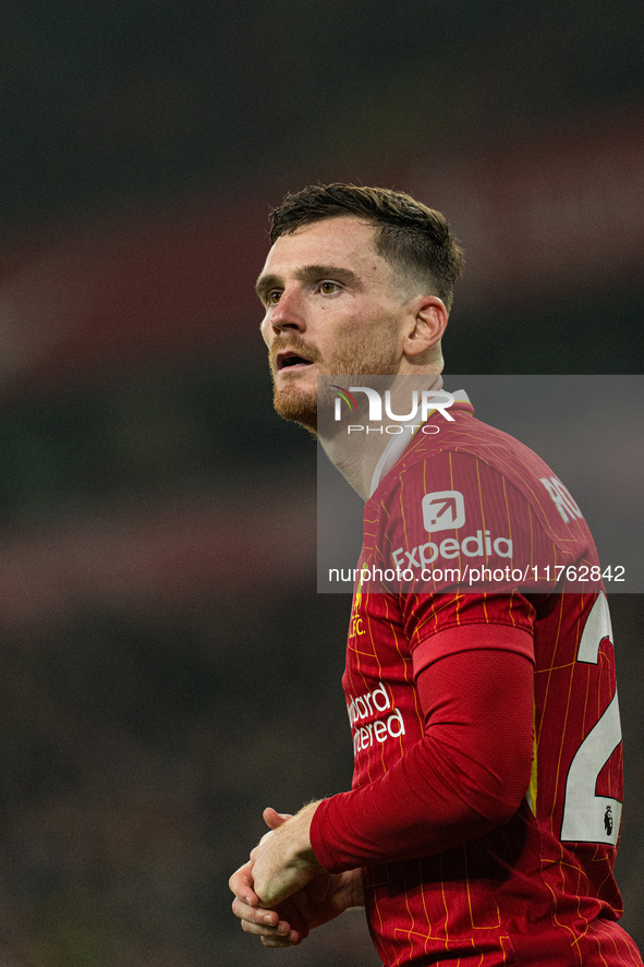 Andrew Robertson of Liverpool plays during the Premier League match between Liverpool and Aston Villa at Anfield in Liverpool, England, on N...