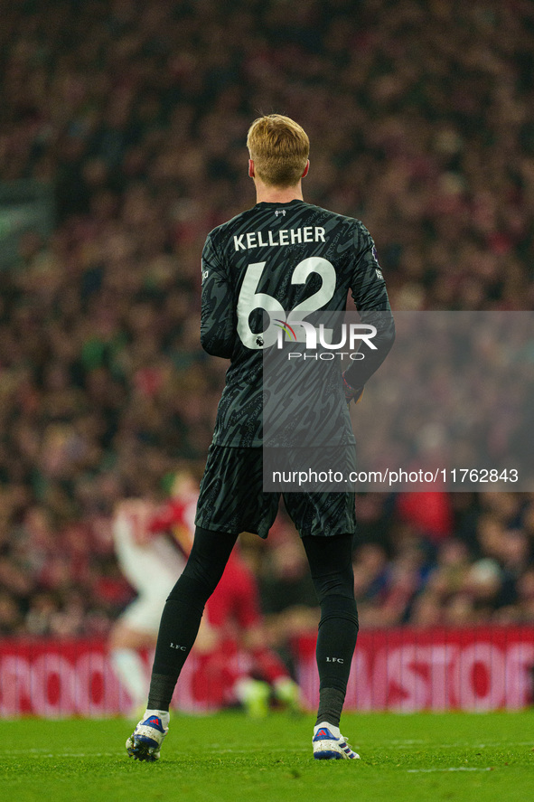 Caoimhin Kelleher of Liverpool plays during the Premier League match between Liverpool and Aston Villa at Anfield in Liverpool, England, on...