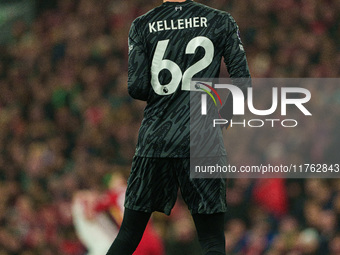 Caoimhin Kelleher of Liverpool plays during the Premier League match between Liverpool and Aston Villa at Anfield in Liverpool, England, on...