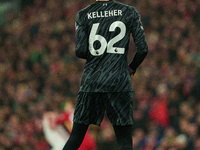 Caoimhin Kelleher of Liverpool plays during the Premier League match between Liverpool and Aston Villa at Anfield in Liverpool, England, on...