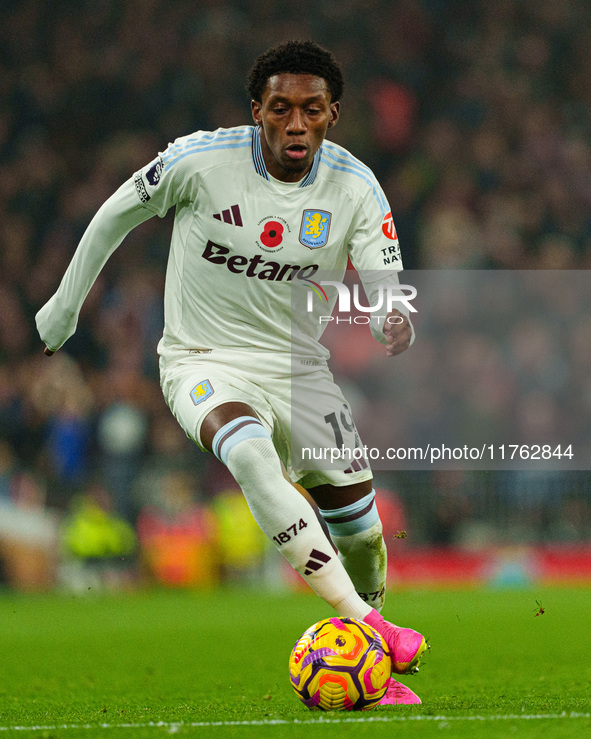 Aston Villa's Jaden Philogene-Bidace is in action during the Premier League match between Liverpool and Aston Villa at Anfield in Liverpool,...