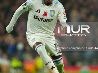 Aston Villa's Jaden Philogene-Bidace is in action during the Premier League match between Liverpool and Aston Villa at Anfield in Liverpool,...