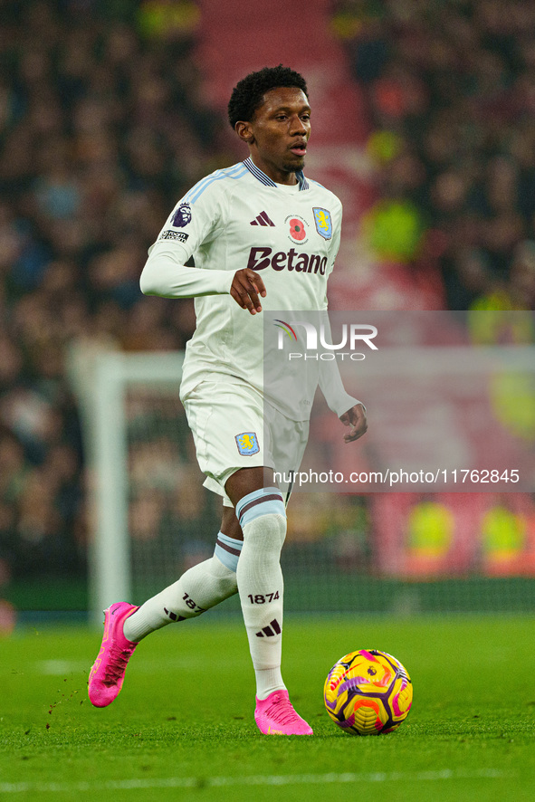 Aston Villa's Jaden Philogene-Bidace is in action during the Premier League match between Liverpool and Aston Villa at Anfield in Liverpool,...