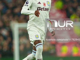 Aston Villa's Jaden Philogene-Bidace is in action during the Premier League match between Liverpool and Aston Villa at Anfield in Liverpool,...