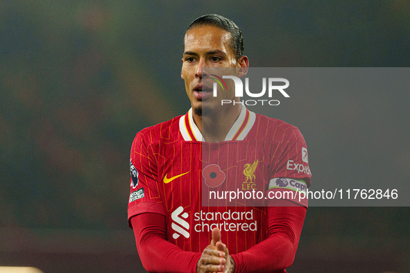 Liverpool's Virgil van Dijk participates in the Premier League match between Liverpool and Aston Villa at Anfield in Liverpool, England, on...