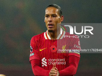 Liverpool's Virgil van Dijk participates in the Premier League match between Liverpool and Aston Villa at Anfield in Liverpool, England, on...