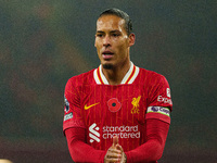 Liverpool's Virgil van Dijk participates in the Premier League match between Liverpool and Aston Villa at Anfield in Liverpool, England, on...