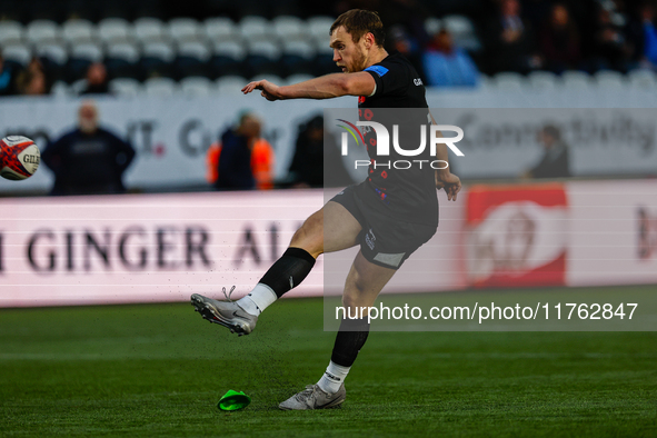 Brett Connon of Newcastle Falcons adds the extras during the Premiership Cup Pool A match between Newcastle Falcons and Doncaster Knights at...