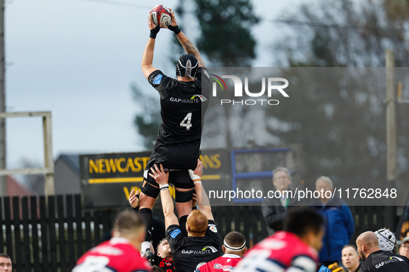 Sebastian de Chaves of Newcastle Falcons participates in a line-out during the Premiership Cup Pool A match between Newcastle Falcons and Do...