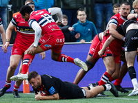 Ollie Fletcher of Newcastle Falcons scores the Falcons' second try during the Premiership Cup Pool A match between Newcastle Falcons and Don...