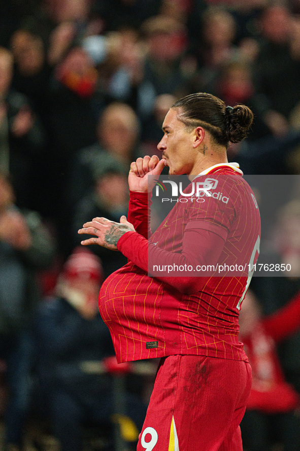 Darwin Nunez of Liverpool celebrates after scoring their first goal during the Premier League match between Liverpool and Aston Villa at Anf...